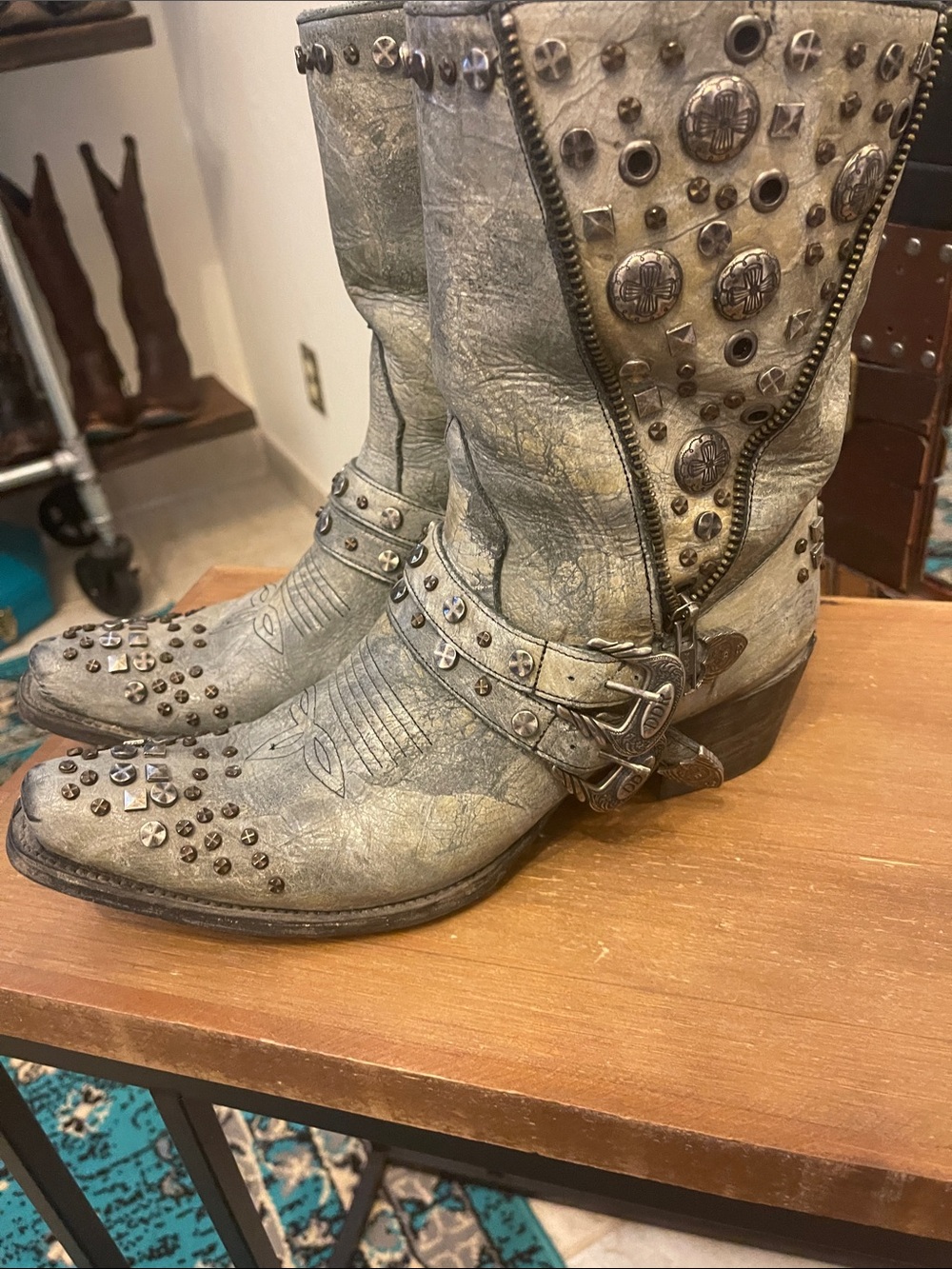 Double D Ranch Distressed Studded Gray Cowboy Boots - Picture 3 of 10